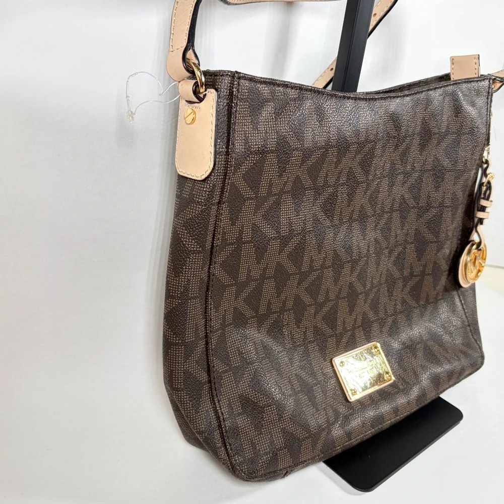 Michael Kors Jet Set Travel Large Messenger Bag Brown Monogram Gold Charm